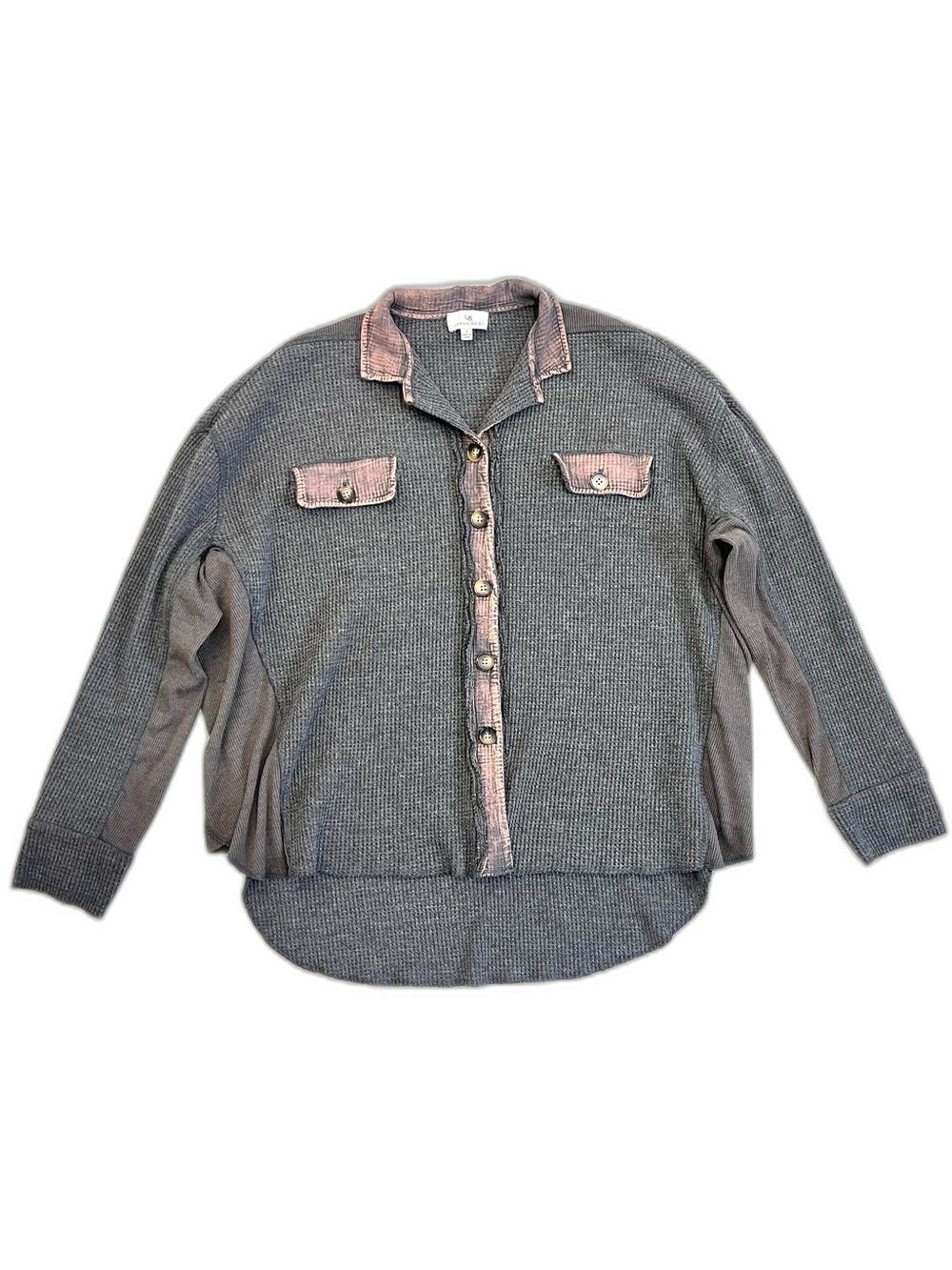 Urban Daizy Oversized Gray Waffle Knit Button-Up Shirt Faded Pink Trim Small